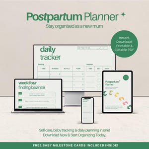 Agenda post-partum | Organiseur imprimable pour nouvelle maman | Journal numérique de récupération pour les soins personnels du quatrième trimestre + Cartes d'étape-cadeaux GRATUITES !