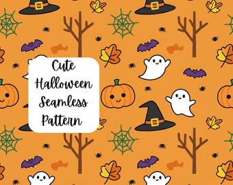 Halloween Seamless Pattern, Ghosts, Pumpkins, Bats (PNG File)