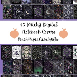 May include: A collection of 43 digital notebook covers with witchy designs. The covers feature celestial and mystical themes, with moons, stars, and botanical elements in shades of purple, black, and gold. The text "43 Witchy Digital Notebook Covers PeachPaperCreatGifts" is displayed.