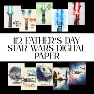 Cartes aquarelles pour la fête des pères et papier numérique Star Wars - sabres laser, faucon millénaire, étoile de la mort, X-Wings, chasseurs TIE - scrapbooking