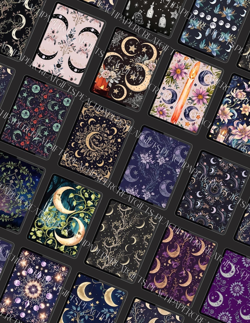 image of all 19 witchy digital notebook/planner covers to the right side