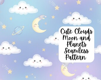 Cute Cloud and Moon Seamless Pattern l Cloud and Moon Digital Paper