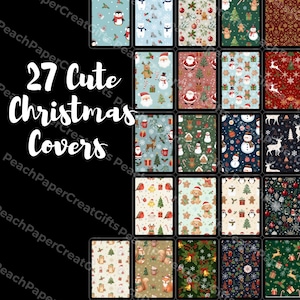 Puede incluir: Una colección de 27 cubiertas con temática navideña, cada una con patrones festivos únicos. Los diseños incluyen muñecos de nieve, Papá Noel, renos y hombres de jengibre. El texto "27 Cute Christmas Covers" se muestra en blanco.