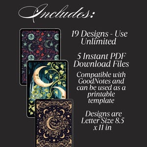 image of what it includes: 19 designs, 5 PDF Download files, compatible with goodnotes, and designs that are letter size