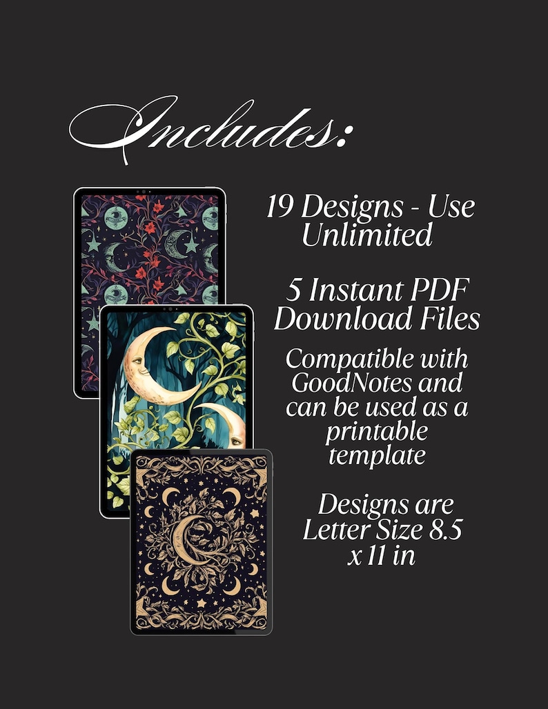 image of what it includes: 19 designs, 5 PDF Download files, compatible with goodnotes, and designs that are letter size
