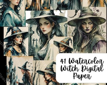 Watercolor Witch Digital Paper: Scrapbook & Stationery (PDF/PNG)
