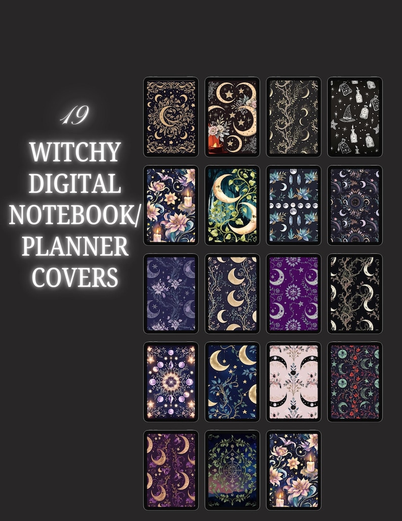 image of the 19 witchy digital notebook/planner covers
