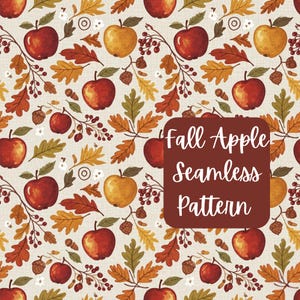 Puede incluir: Un patrón sin costuras con manzanas rojas y amarillas, hojas de otoño y bayas sobre un fondo crema. El diseño incluye el texto "Fall Apple Seamless Pattern" en un rectángulo marrón. El tema general es otoño y cosecha.