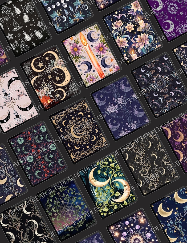 image of all 19 witchy digital notebook/planner covers to the left side