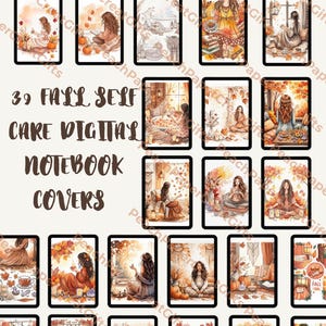 Könnte beinhalten: Eine Sammlung von 39 digitalen Notizbuch-Covern zum Thema Herbst-Selbstpflege. Jedes Cover zeigt Aquarellillustrationen von Frauen in herbstlichen Umgebungen, mit Kürbissen, Blättern und gemütlichen Innenräumen. Der Text "39 FALL SELF CARE DIGITAL NOTEBOOK COVERS" ist zu sehen.