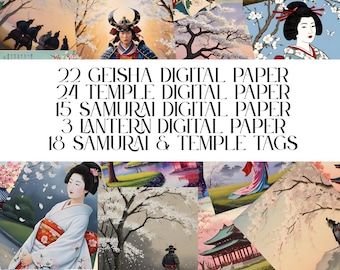 Ancient Japan Digital Paper Set: Samurai, Geisha, Temples (Digital Download)