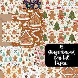 May include: A collection of 15 gingerbread-themed digital papers. The patterns feature gingerbread men, houses, candy canes, Christmas trees, and other holiday elements in various colors, including brown, red, green, and white. The text "15 Gingerbread Digital Paper" is displayed.