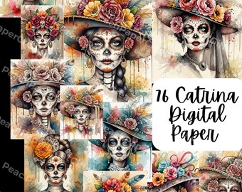 May include: A collage of watercolor illustrations featuring Catrina figures with elaborate floral hats and skull face paint. The images are in various sizes and arrangements, with the text "16 Catrina Digital Paper" in the upper right corner.