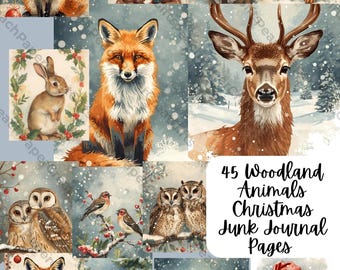 May include: A collage of watercolor illustrations featuring woodland animals in a snowy winter scene. Includes foxes, rabbits, owls, raccoons, squirrels, and bears, some wearing Santa hats. Text reads "45 Woodland Animals Christmas Junk Journal Pages."