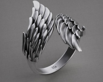 Anillo de alas de ángel de plata de ley oxidada: joyería de protección espiritual