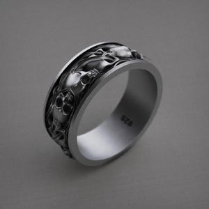 Gothic Skull Ring For Men, 925 Sterling Silver Handmade Skull Band, Heavy Metal Style Jewelry, Detailed Dark Statement Ring