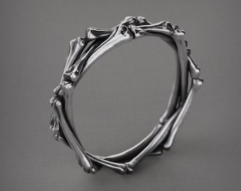 Handcrafted 925 Sterling Silver Bones Ring, Gothic Skeleton Band, Unique Oxidized Punk Jewelry, Edgy Biker Style Statement Ring