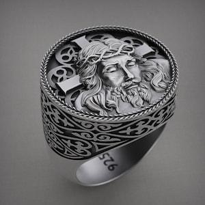 Anillo de sello de Jesucristo en plata de ley 925, joyería religiosa con corona de espinas, anillo de cruz cristiana para hombre, regalo de fe hecho a mano.