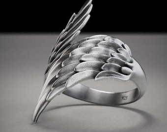 Oxidized Sterling Silver Angel Wing Ring for Women, Adjustable Boho Gothic Wing Ring, Handmade Spiritual Jewelry, Unique Gift for Her