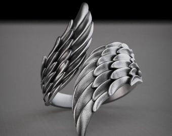 Anel de Asa de Anjo em Prata de Lei: Joia Espiritual com Faixa Aberta