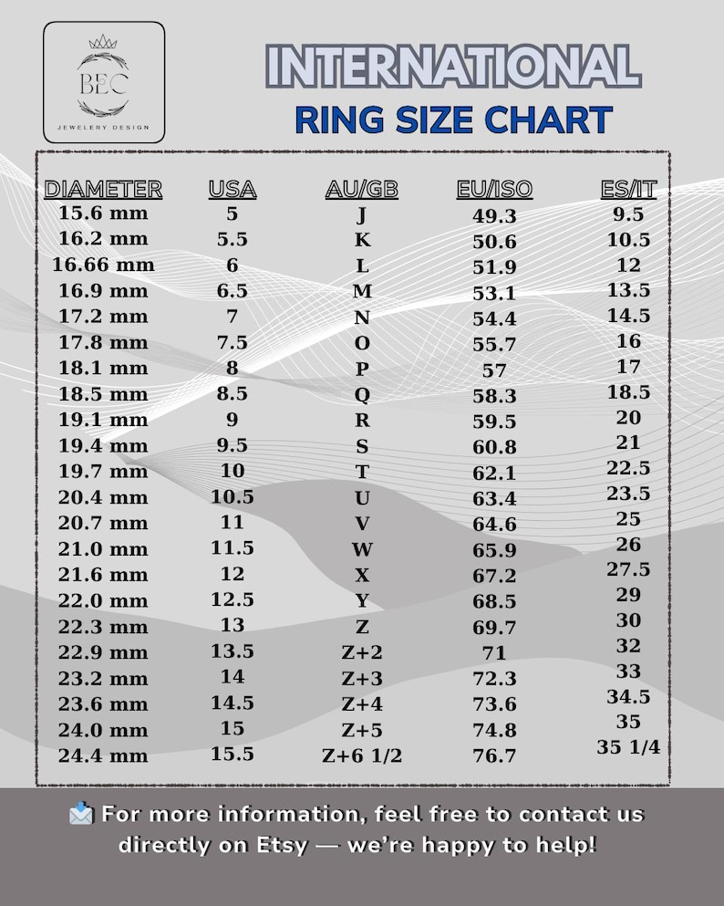 Pu&ograve; includere: Tabella delle taglie degli anelli internazionali con diametri in mm, taglie USA, AU/GB, EU/ISO ed ES/IT. La tabella include un logo e il testo: "Per maggiori informazioni, non esitare a contattarci direttamente su Etsy - saremo felici di aiutarti!"