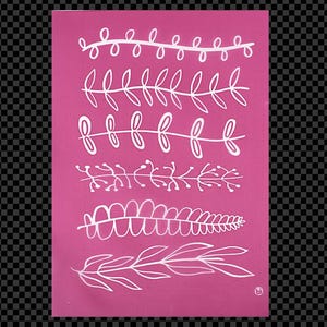 May include: A pink sheet of paper with white hand-drawn floral borders. The borders are different styles of leaves and branches.