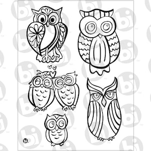 May include: Five black and white line drawings of owls. The owls are in various poses, including a pair of owls with hearts above their heads.