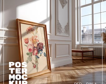 Maqueta de póster elegante con luz solar, exhibición de arte mural de lujo para interiores, maqueta de marco interior clásico europeo, maqueta de capa inteligente de Photoshop