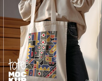 Mockup för tygväska med person, Liberty-väska OAD113-modell, tygväska i bomullscanvas, mall för beige tygväska, mockup för shoppingväska, mockup för bohemisk tygväska
