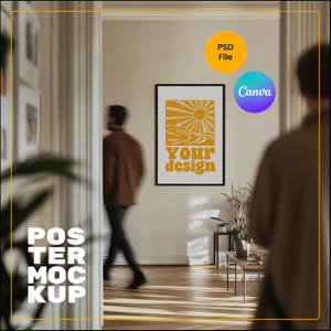 Person With Frame Mockup, Photoshop Mockup With Person Walking, Canva Poster Mockup with Man, 2x3 Poster Mockup, Canva Wall Art Template