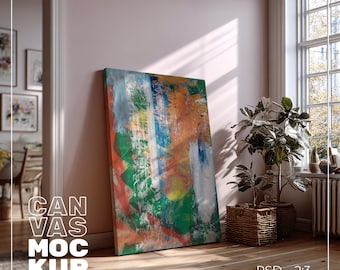 Canvas mockup in gezellig interieur, wikkeldoek mock-up kunst aan de muur, 2:3 ingelijst canvas leunend tegen muur, prints mockup-display, PSD Photoshop