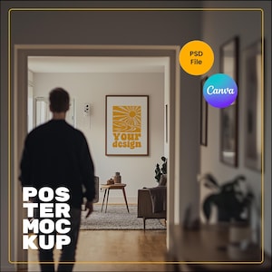 Person With Frame Mockup, Photoshop Canva Mockup With Person Walking Towards Frame, Man Next to Mockup, ISO A Poster Mockup