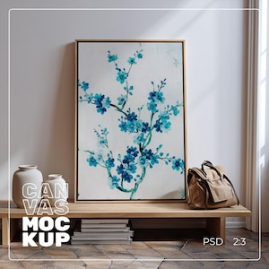Framed Canvas Mockup 2:3 Flat, Wall Art Mockup, Realistic Flat Closeup Minimal Canvas Wall Art Frame Template Vertical Painting Artworks PSD