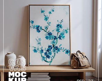 Framed Canvas Mockup 2:3 Flat, Wall Art Mockup, Realistic Flat Closeup Minimal Canvas Wall Art Frame Template Vertical Painting Artworks PSD