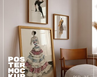 May include: Three framed illustrations of women wearing dresses. The illustrations are in a watercolor style and feature a variety of colors and patterns. The frames are wooden and have a natural finish. The illustrations are hanging on a white wall. The text "POSTER MOCKUP" is visible in the lower left corner of the image.