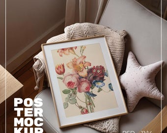 Minimalist Poster Frame Mockup, 11x14 Vertical Frame Mockup, Classic Interior Frame Mockup, Thin Wood Frame PSD for Prints and Artwork