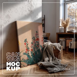 A1 Canvas Mockup for Art and Prints Display, Cozy Interior Scene, DIN A Canvas Mockup, PSD Template with Smart Object, A2 Art Work Template