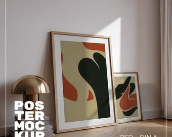 2 Frames Mockup, A4 Wood Frame Mockup, Simple Vertical Frame Template, A4 Minimal Wood Framed Art Display, Poster Template