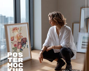 Modern Artist Studio Poster Mockup, Smart Layer Frame-sjabloon voor Photoshop en Photopea, Natural Light Art Display voor Etsy-afdrukken