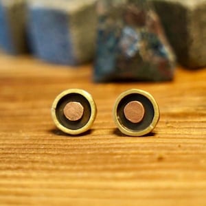 Può includere: Un paio di orecchini a bottone con un anello esterno color ottone, un anello interno scuro e un centro color rame. Gli orecchini sono esposti su una superficie di legno. Lo sfondo presenta pietre sfocate, strutturate, grigie e marroni.