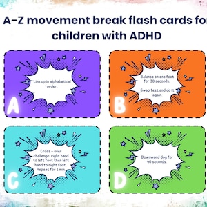 Cartes de pause mouvement de A à Z pour enfants | Ensemble d'activités adaptées au TDAH pour la classe et la maison