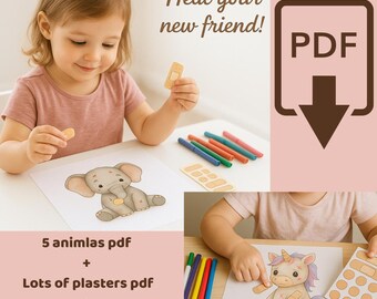 Animales para colorear e imprimir • Animales enfermos para colorear + Pegatinas para vendas • Manualidades para niños en PDF con descarga instantánea