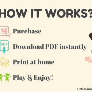 Puede incluir: Un gr&aacute;fico que muestra c&oacute;mo comprar, descargar, imprimir y jugar una actividad imprimible. El gr&aacute;fico incluye iconos de un carrito de compras, un archivo PDF, una impresora y dos ni&ntilde;os jugando.