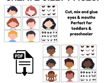 Manualidad imprimible de caras graciosas: incluye tonos de piel claros y marrones. Actividad de combinación para niños.