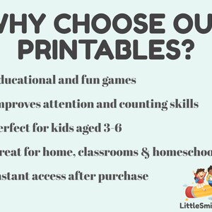 Puede incluir: Marcas de verificaci&oacute;n verdes junto a una lista de razones para elegir juegos educativos imprimibles para ni&ntilde;os de 3 a 6 a&ntilde;os. La lista incluye: Juegos educativos y divertidos, Mejora la atenci&oacute;n y las habilidades de conteo, Perfecto para ni&ntilde;os de 3 a 6 a&ntilde;os, Ideal para el hogar, las aulas y la educaci&oacute;n en el hogar, Acceso instant&aacute;neo despu&eacute;s de la compra. La imagen tambi&eacute;n incluye una ilustraci&oacute;n de dibujos animados de dos ni&ntilde;os montando un l&aacute;piz.