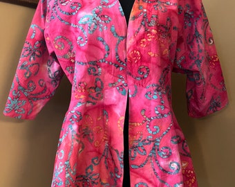 Jacket Fit N Flare Light Weight Cover Up Fuschia Batik Print Floral Fabric Ladies Size Large Friendship Gift Birthday Gift Christmas Gift