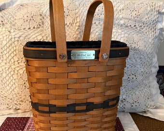 Vintage Longaberger Basket Collectors Club Basket With Handles Basket Plastic and Plaid Liner Wooden Basket  Birthday Gift Housewarming Gift