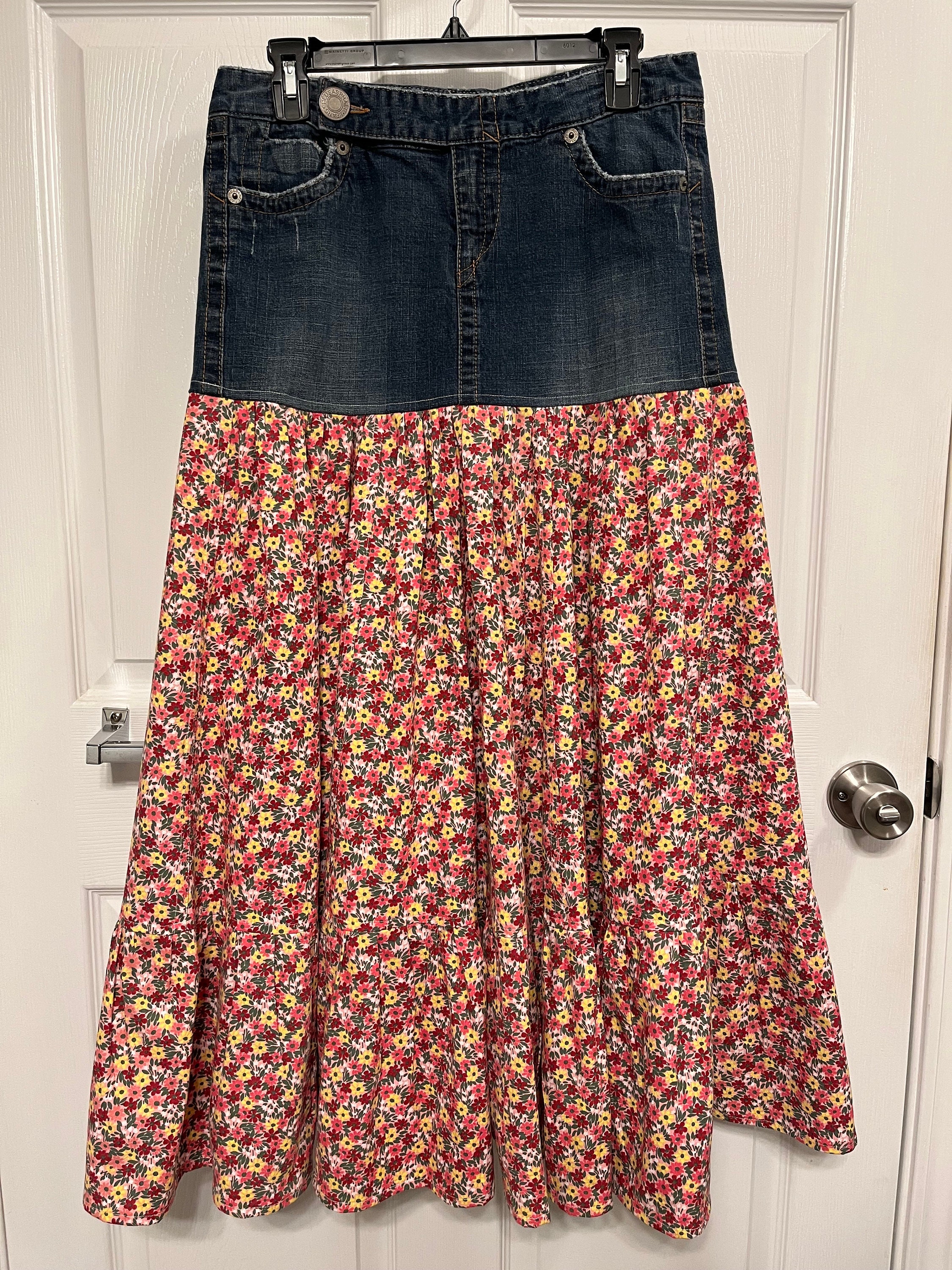 Repurposed Denim Skirt Recycled Denim Skirt Pink Calico