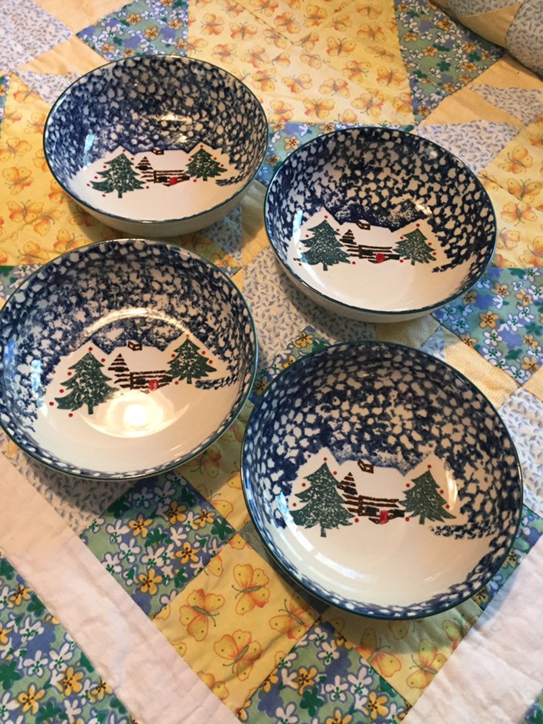 Vintage Tienshan Folk Craft Cabin in the Snow Cereal Bowl Set 4 Pieces