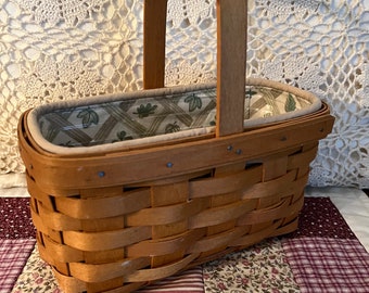 Vintage Longaberger Basket Rectangular Basket With Handle Leaf Fabric Liner Plastic Liner Wooden Basket  Birthday Gift Housewarming Gift